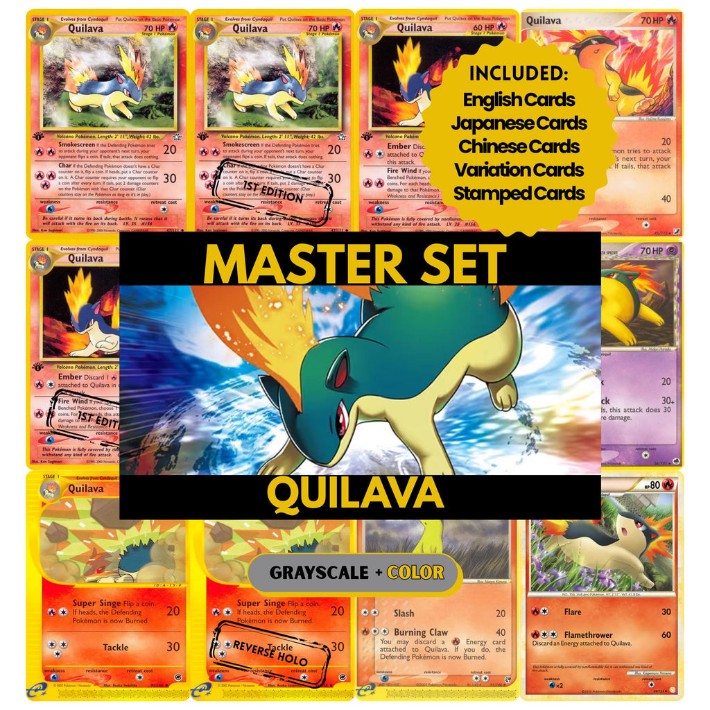 Quilava binder pages set showing grayscale and color Pokémon cards, designed as a digital download to complete a collector’s binder.