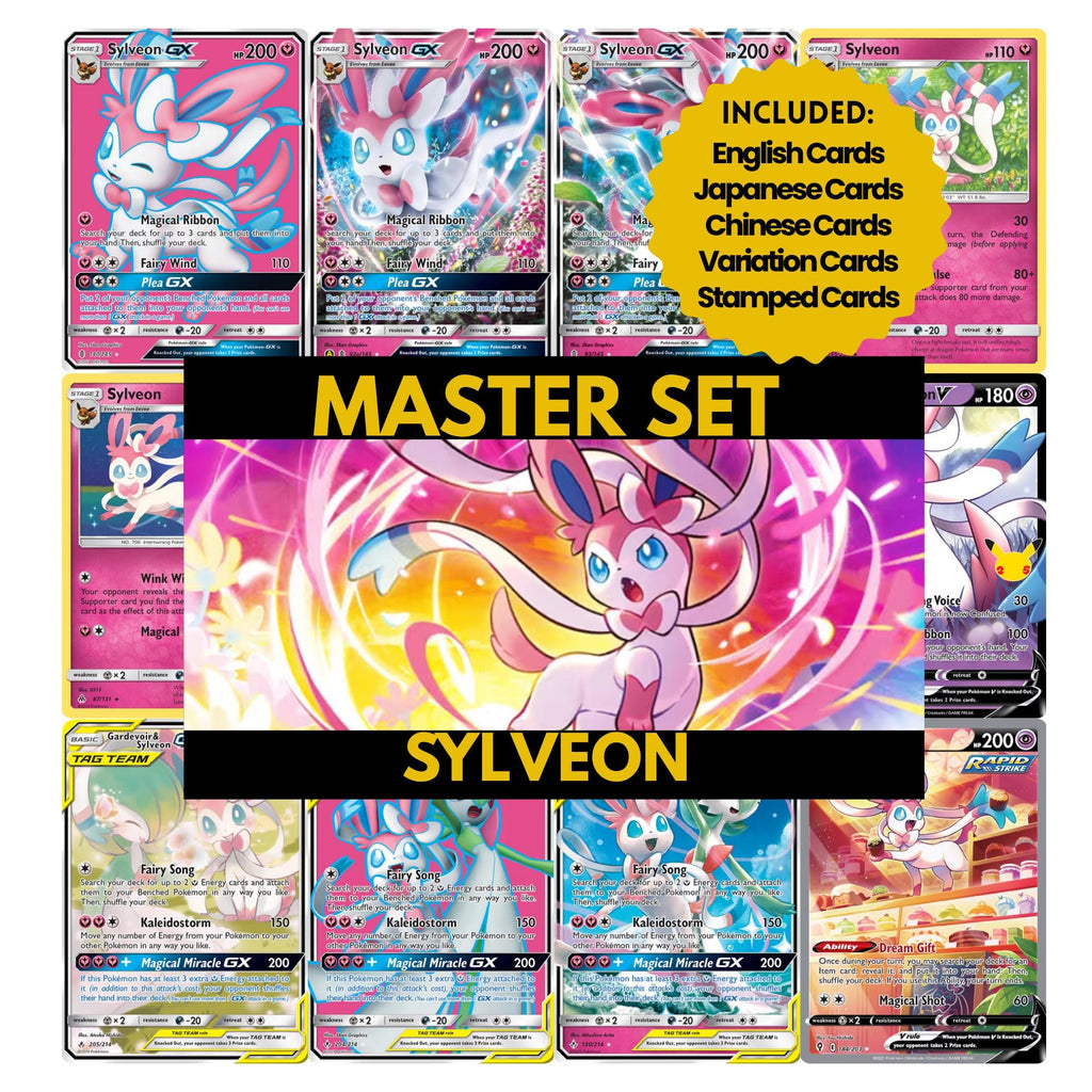 Sylveon binder pages set showing grayscale and color Pokémon cards, designed as a digital download to complete a collector’s binder