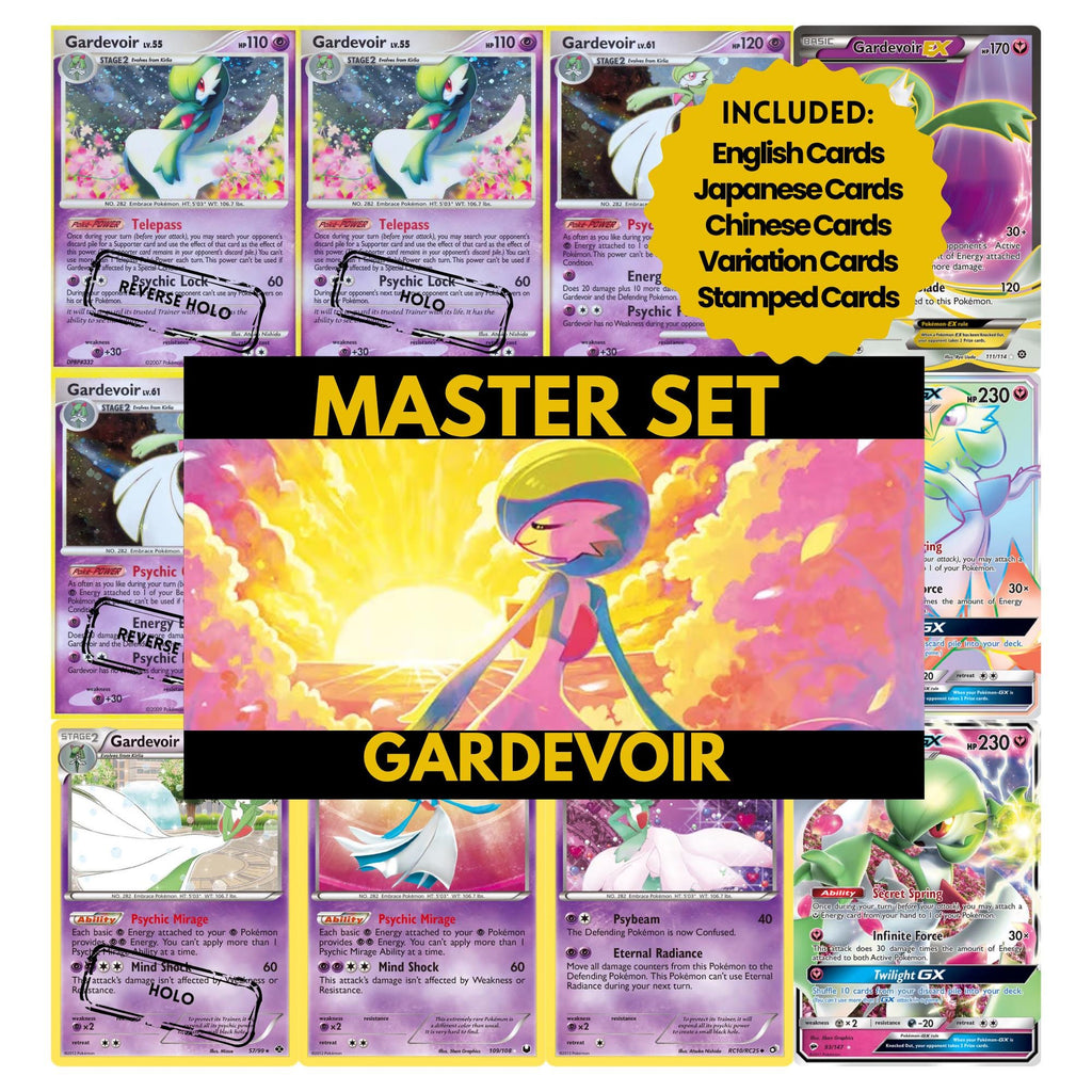 Gardevoir binder pages set showing grayscale and color Pokémon cards, designed as a digital download to complete a collector’s binder.