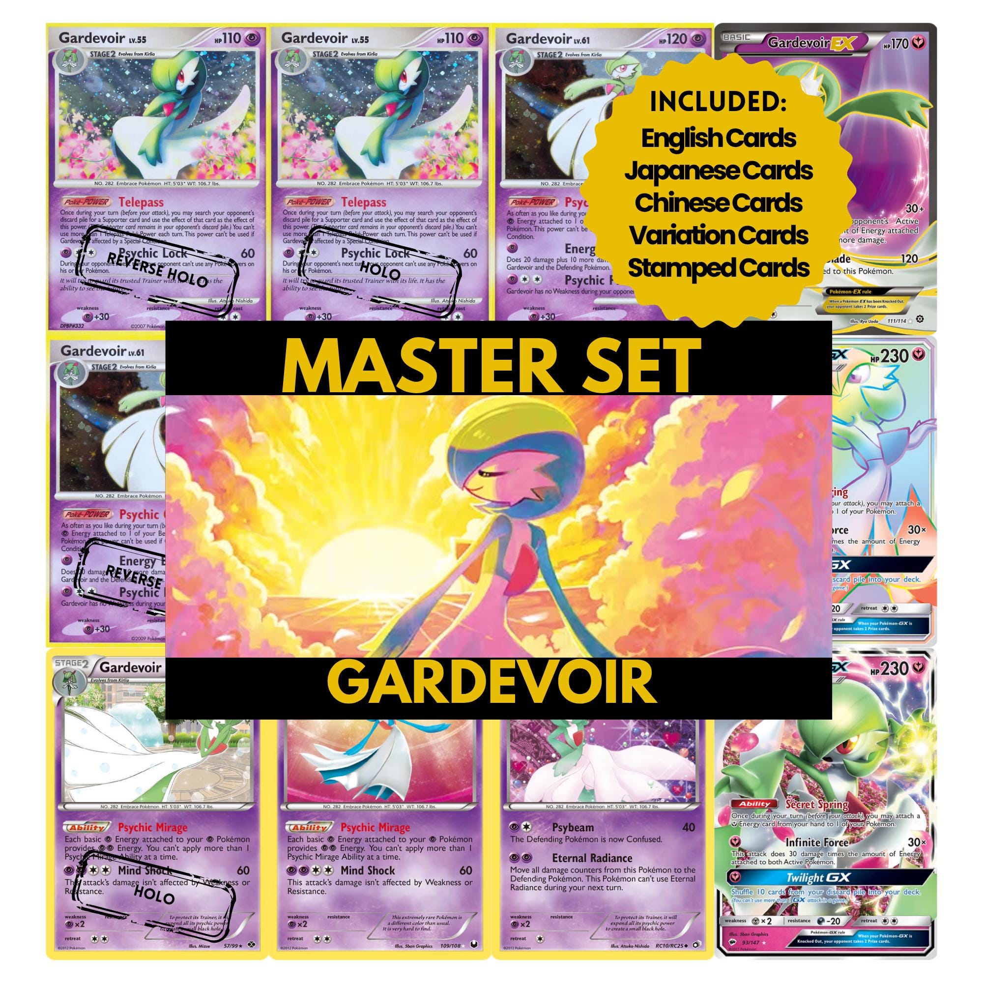 Gardevoir binder pages set showing grayscale and color Pokémon cards, designed as a digital download to complete a collector’s binder.