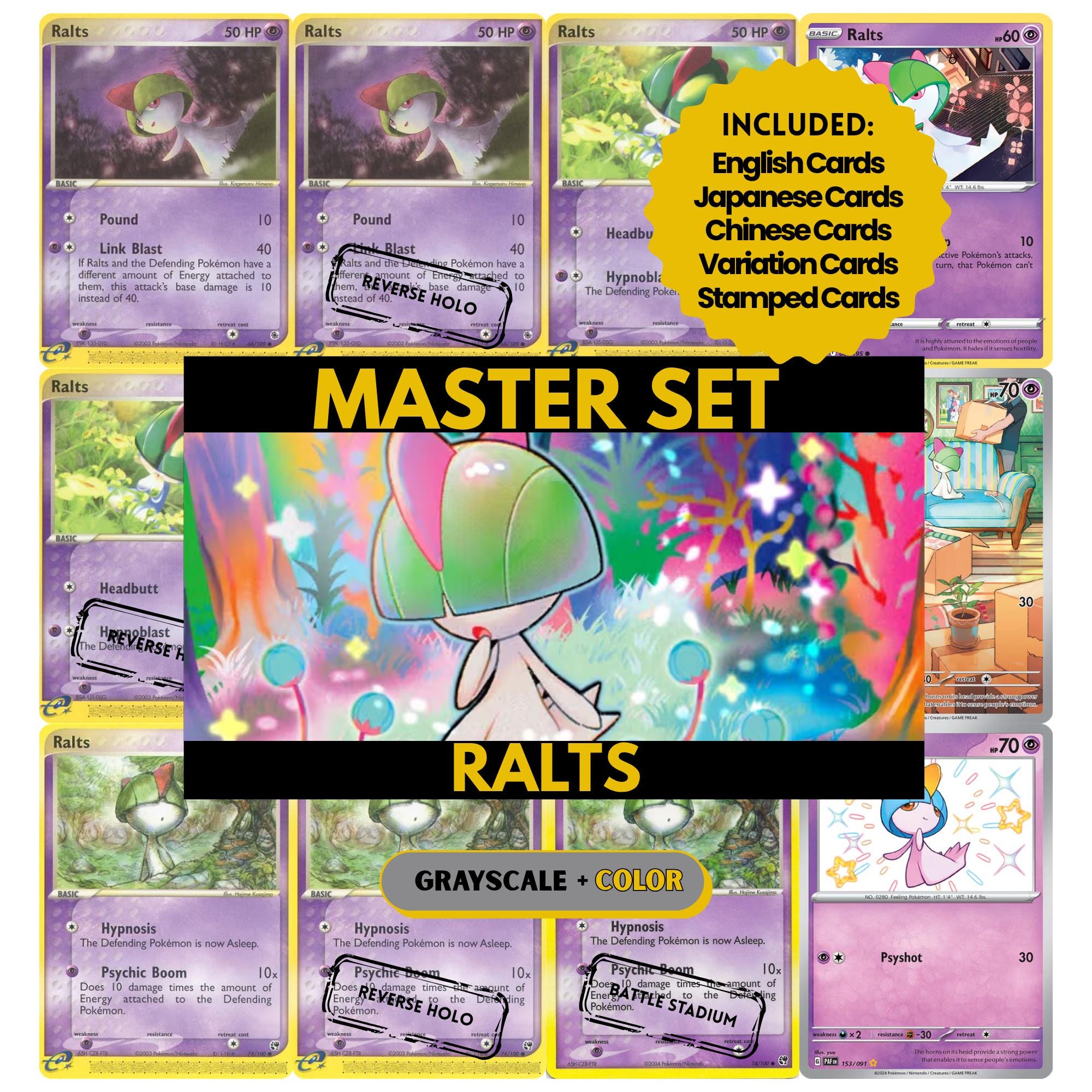 Ralts binder pages set showing grayscale and color Pokémon cards, designed as a digital download to complete a collector’s binder.