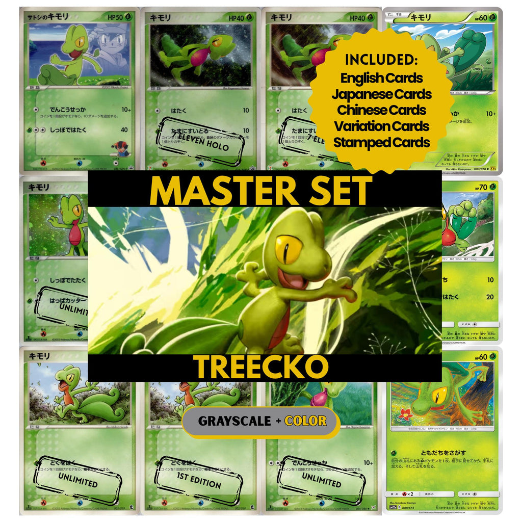 Treecko binder pages set showing grayscale and color Pokémon cards, designed as a digital download to complete a collector’s binder.
