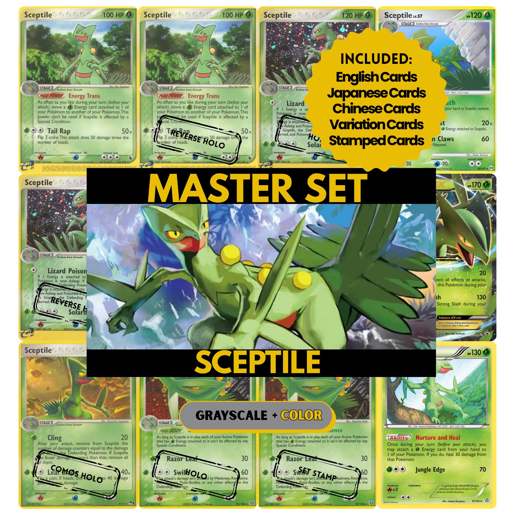 Sceptile binder pages set showing grayscale and color Pokémon cards, designed as a digital download to complete a collector’s binder.