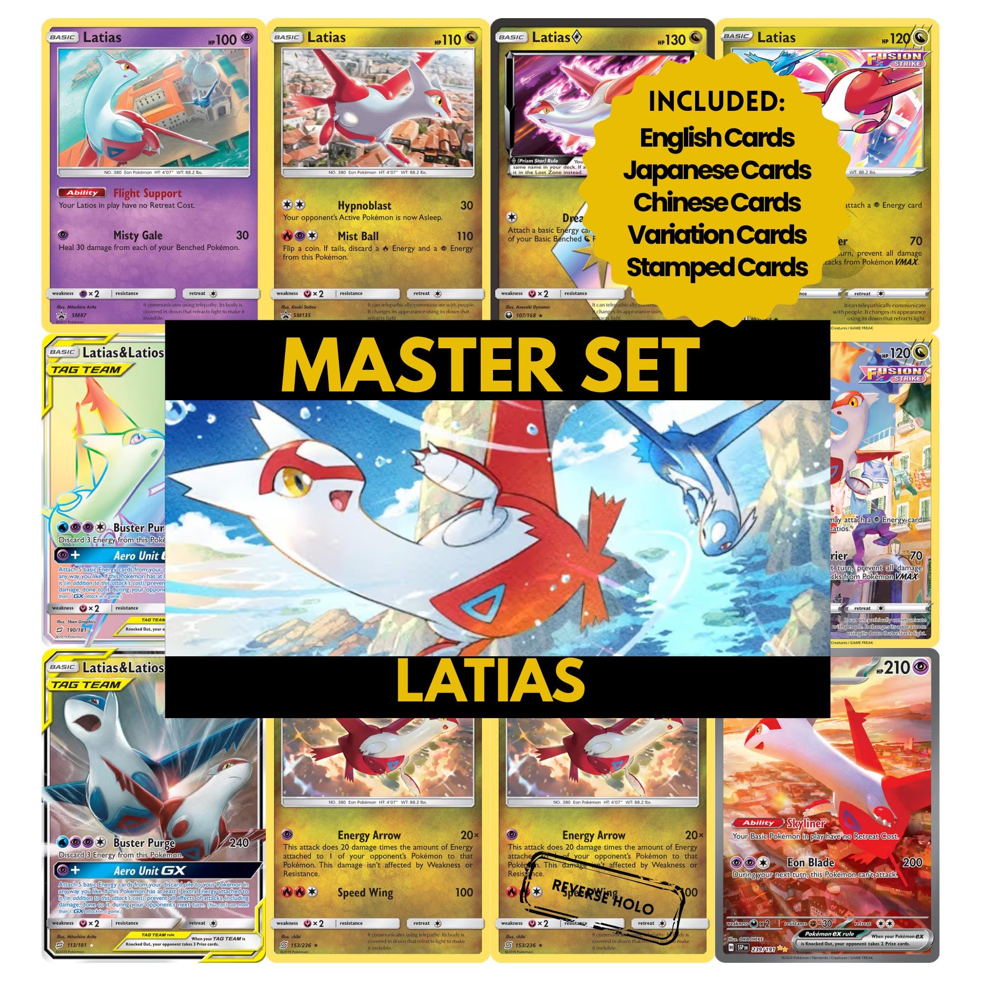 Latias binder pages set showing grayscale and color Pokémon cards, designed as a digital download to complete a collector’s binder.