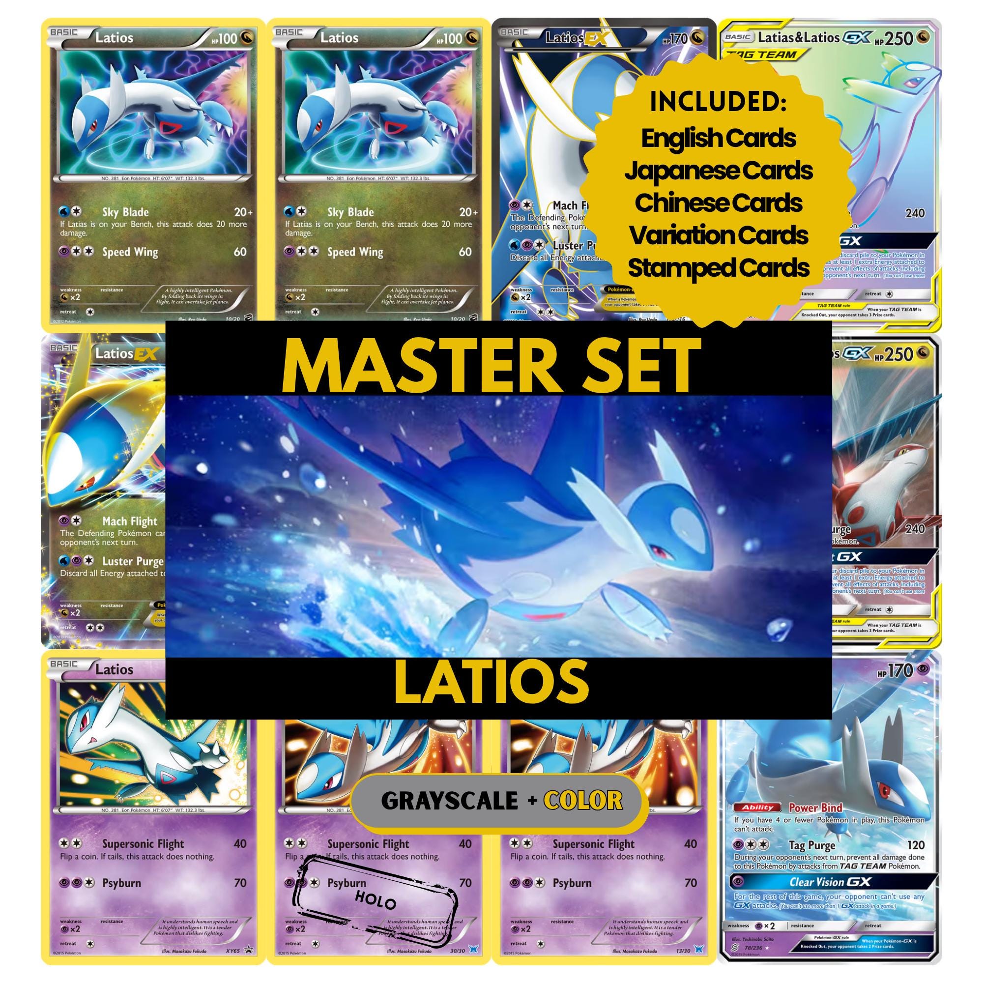 Latios binder pages set showing grayscale and color Pokémon cards, designed as a digital download to complete a collector’s binder.
