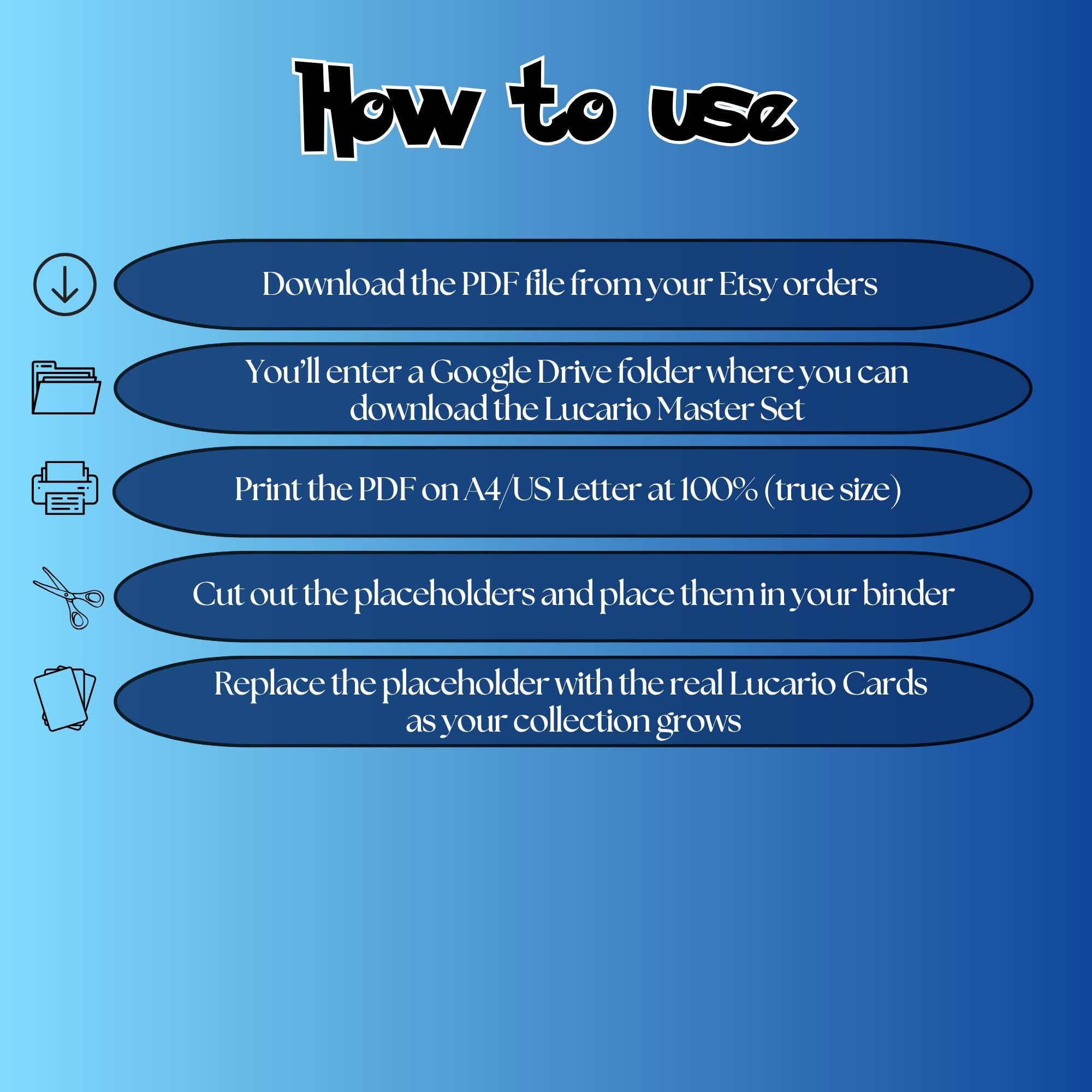 Lucario cards digital download instructions explaining how to print, cut, and place placeholders in a Pokémon binder.