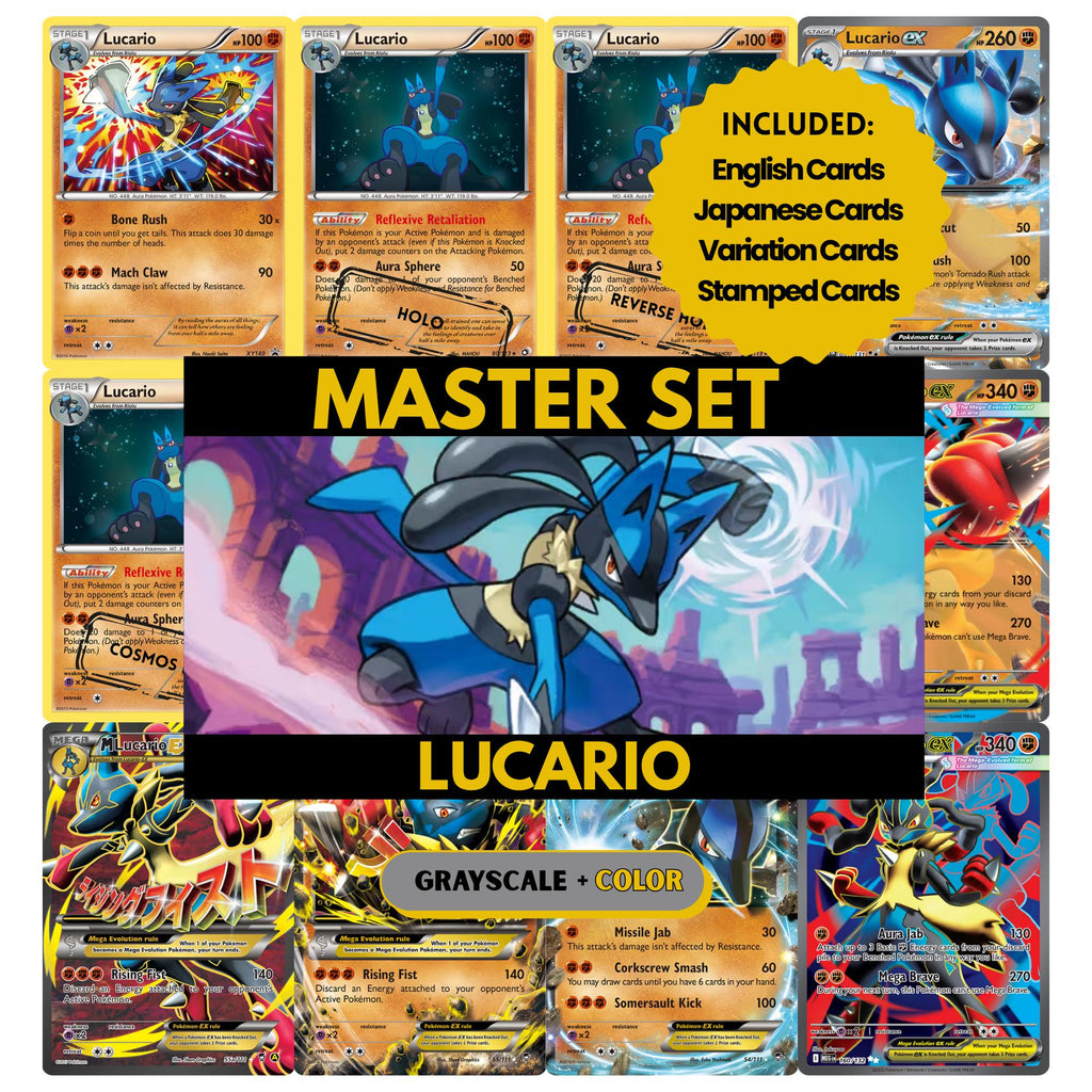 Lucario binder pages set showing grayscale and color Pokémon cards, designed as a digital download to complete a collector’s binder.