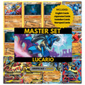 Lucario binder pages set showing grayscale and color Pokémon cards, designed as a digital download to complete a collector’s binder.
