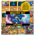 Lucario binder pages set showing grayscale and color Pokémon cards, designed as a digital download to complete a collector’s binder.