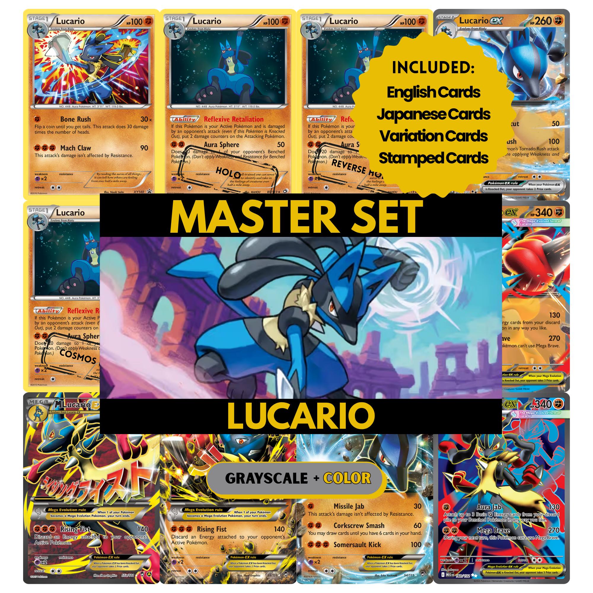 Lucario binder pages set showing grayscale and color Pokémon cards, designed as a digital download to complete a collector’s binder.