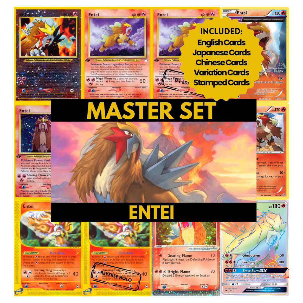 Entei binder pages set showing grayscale and color Pokémon cards, designed as a digital download to complete a collector’s binder.