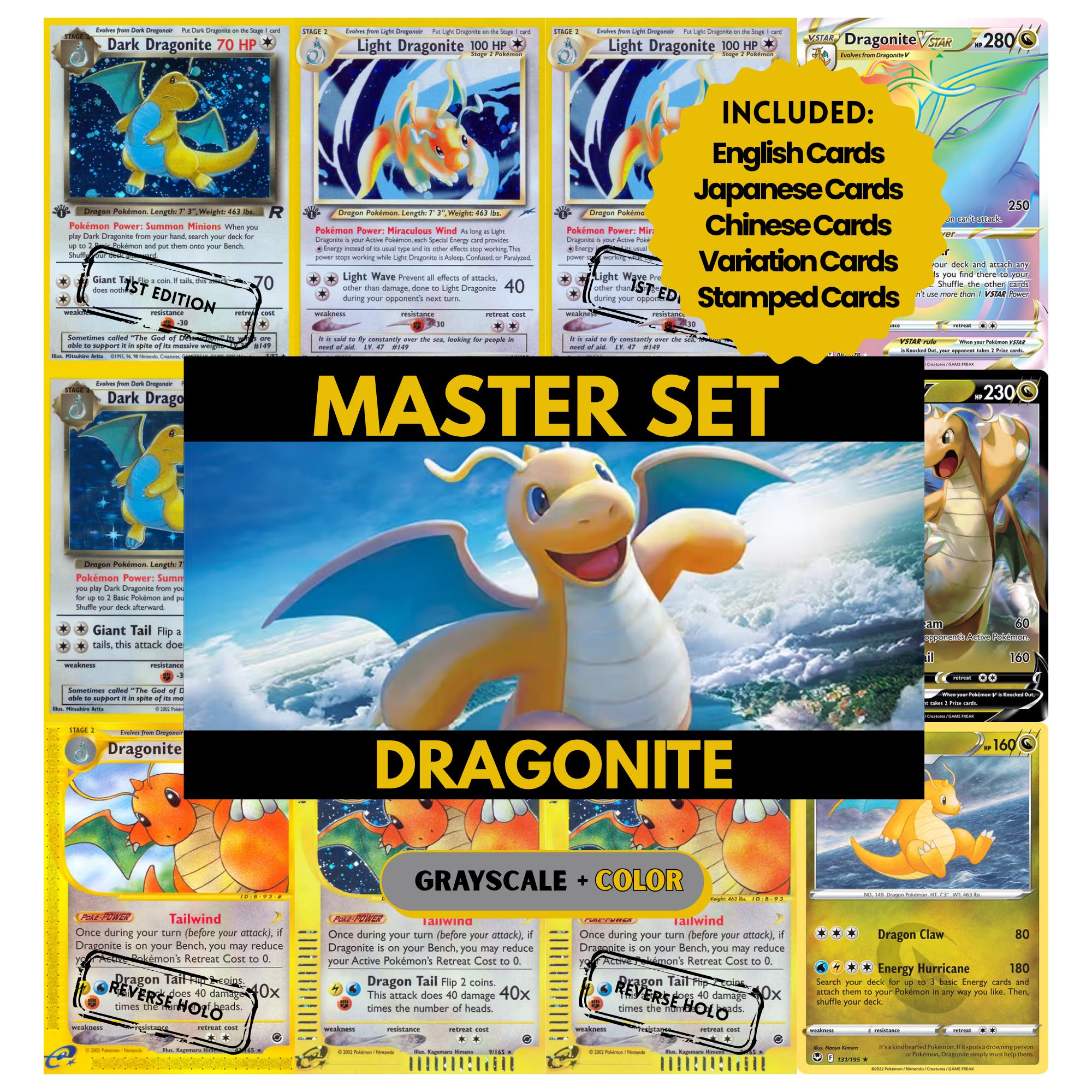 Dragonite binder pages set showing grayscale and color Pokémon cards, designed as a digital download to complete a collector’s binder.