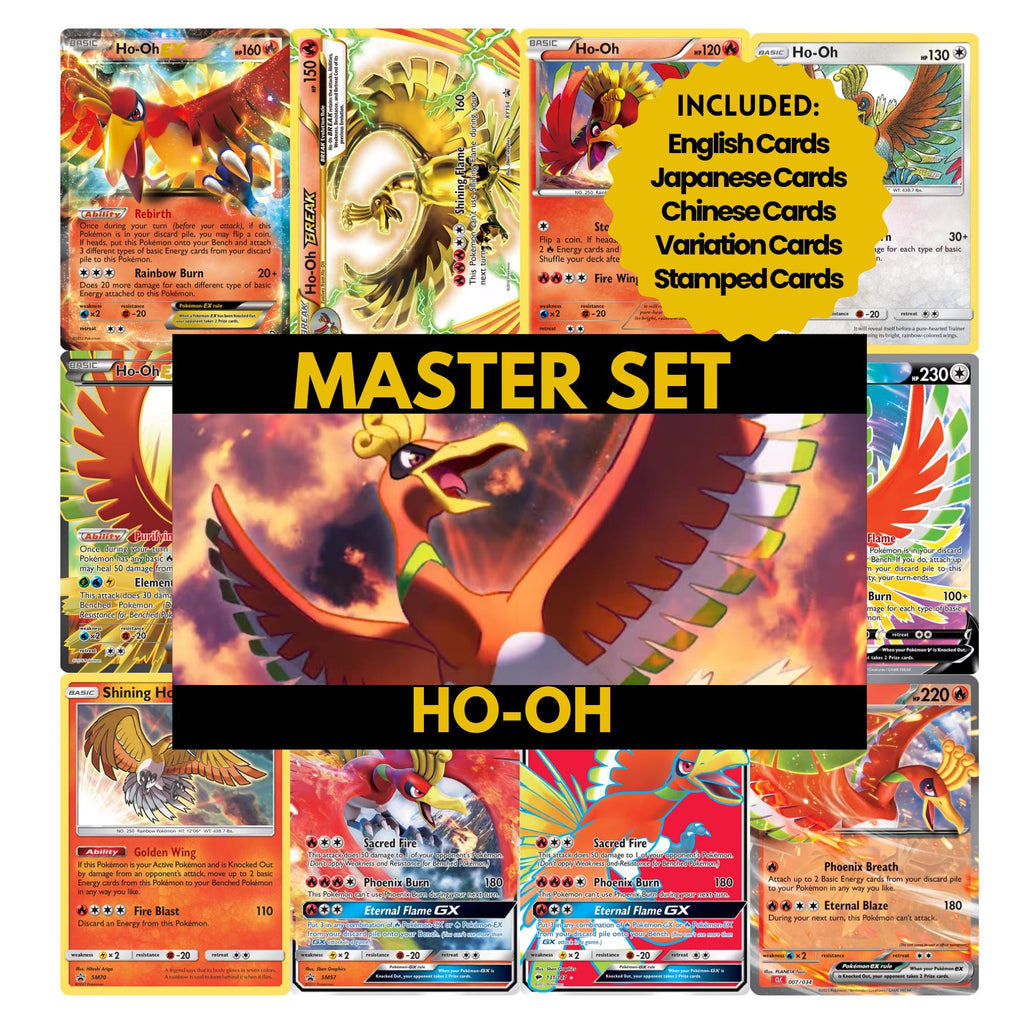 Ho-Oh binder pages set showing grayscale and color Pokémon cards, designed as a digital download to complete a collector’s binder.