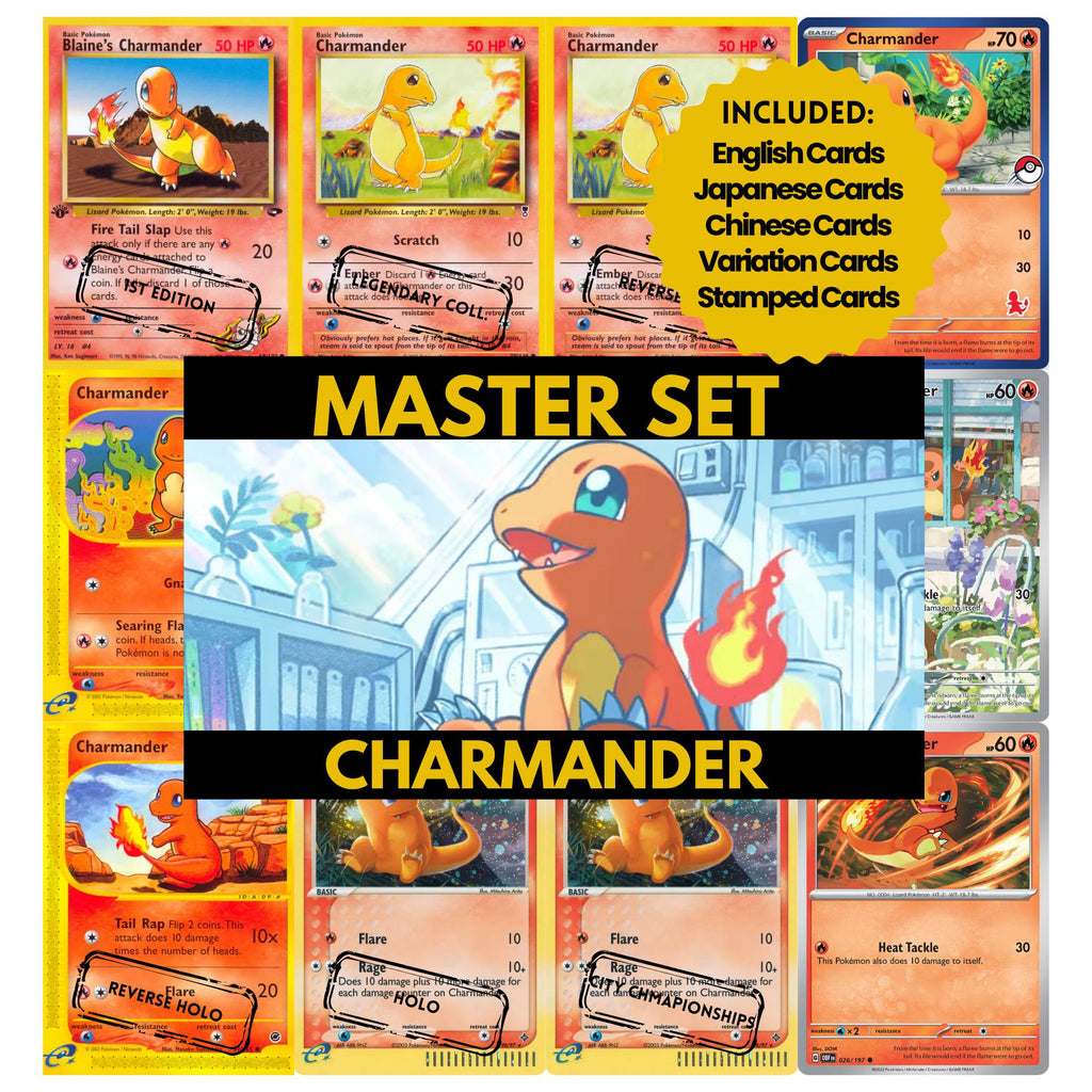 Charmander binder pages set showing grayscale and color Pokémon cards, designed as a digital download to complete a collector’s binder.