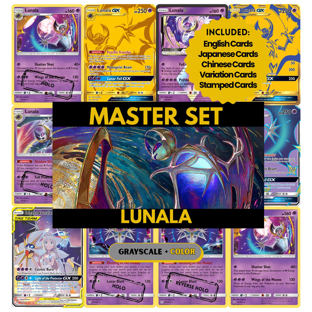 Lunala binder pages set showing grayscale and color Pokémon cards, designed as a digital download to complete a collector’s binder.