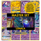 Lunala binder pages set showing grayscale and color Pokémon cards, designed as a digital download to complete a collector’s binder.