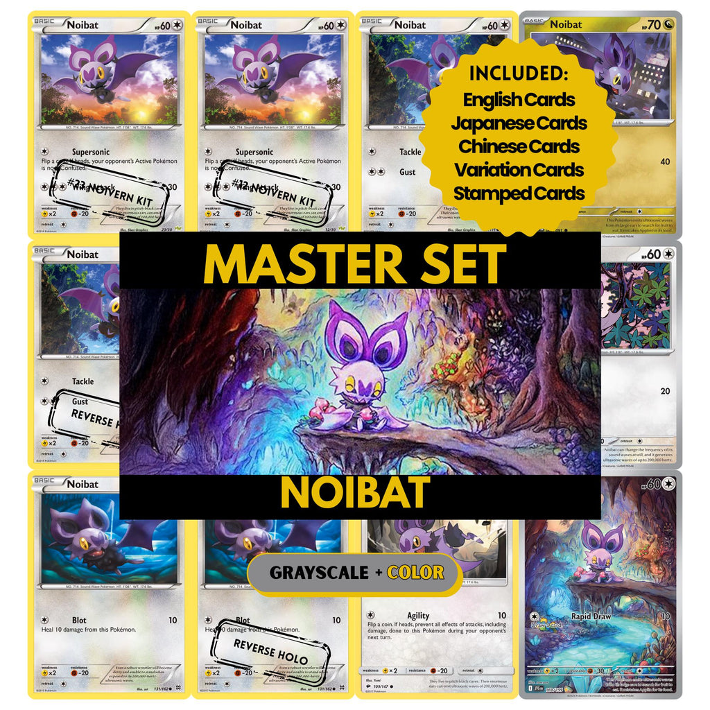 Noibat binder pages set showing grayscale and color Pokémon cards, designed as a digital download to complete a collector’s binder.