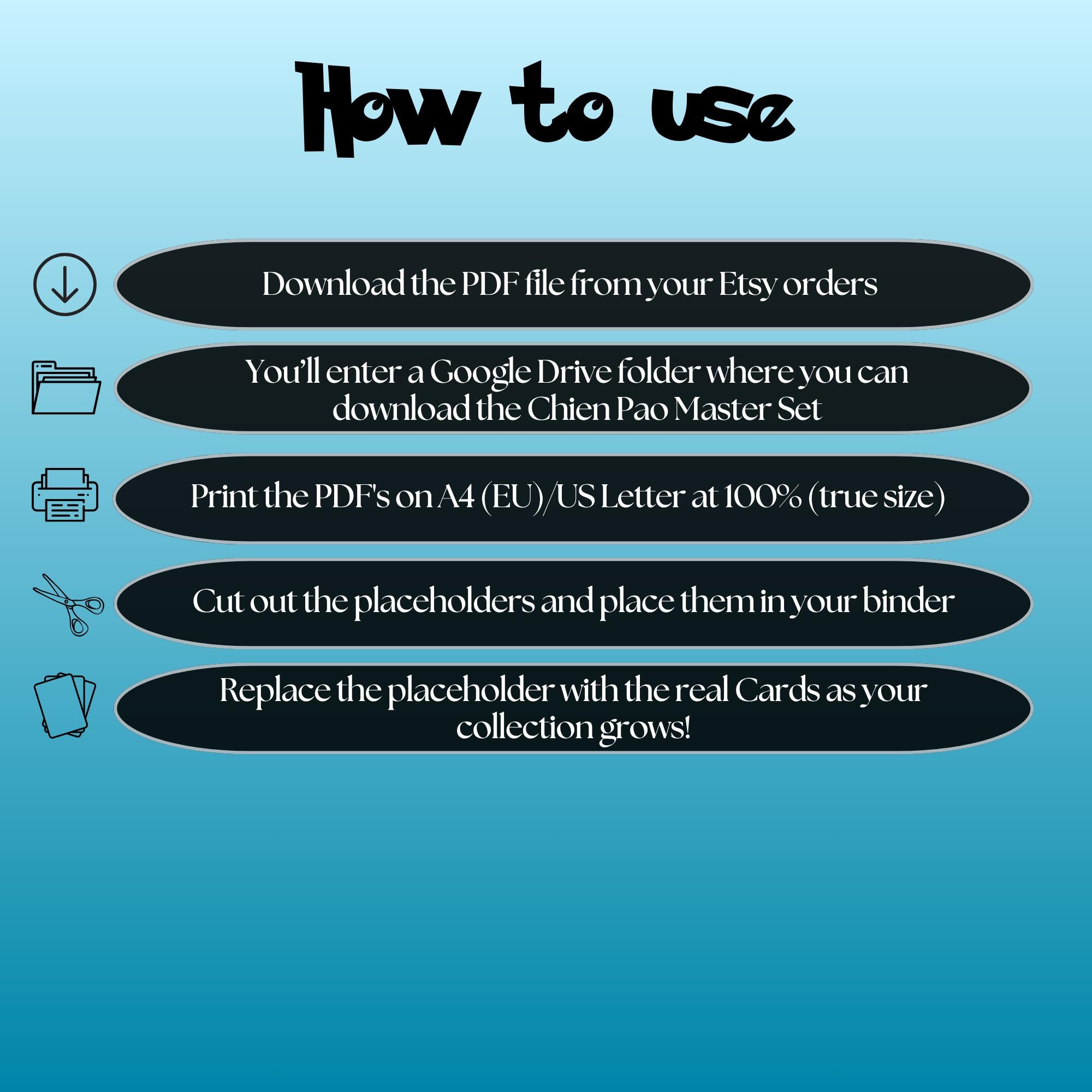 Chien Pao cards digital download instructions explaining how to print, cut, and place placeholders in a Pokémon binder.