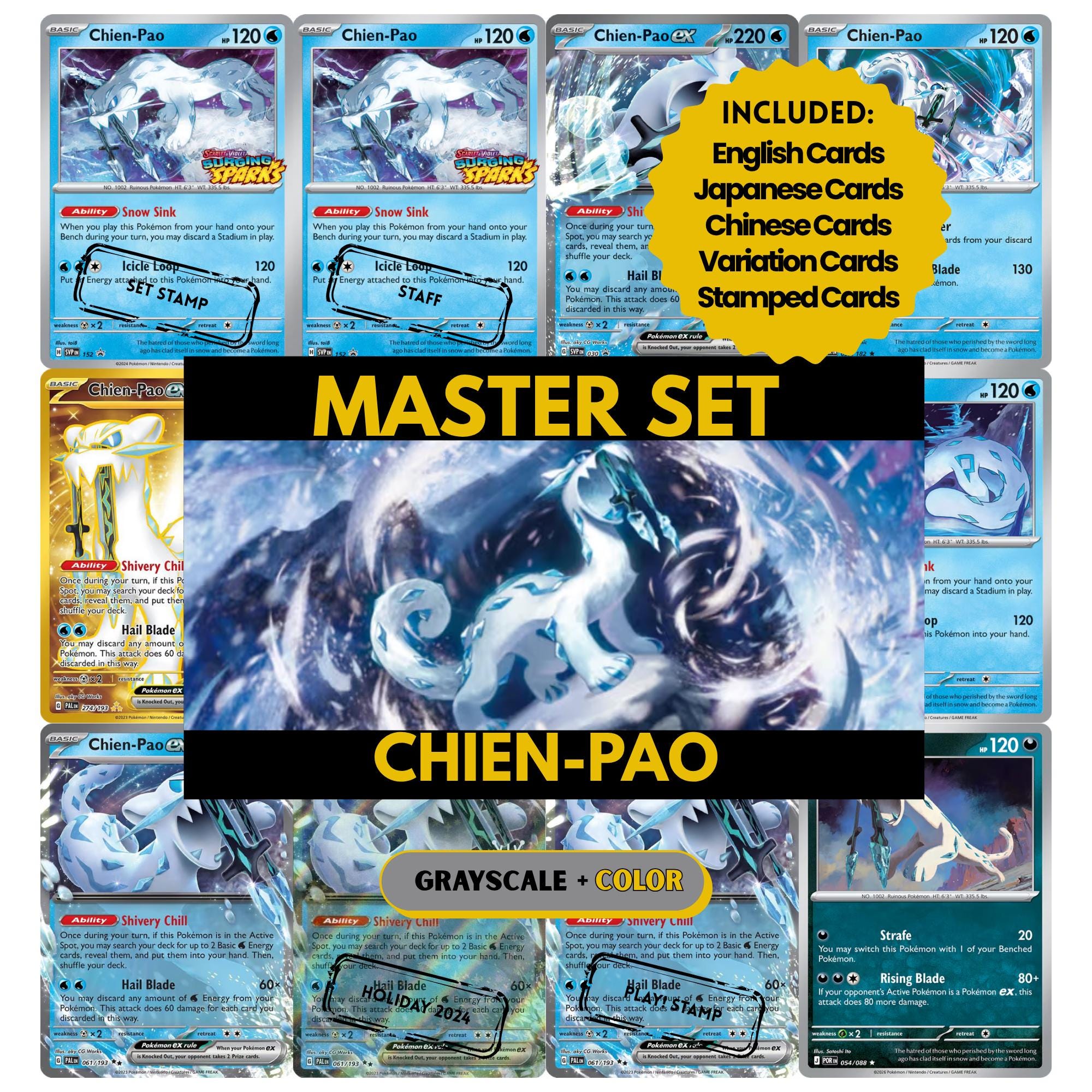 Chien Pao binder pages set showing grayscale and color Pokémon cards, designed as a digital download to complete a collector’s binder.