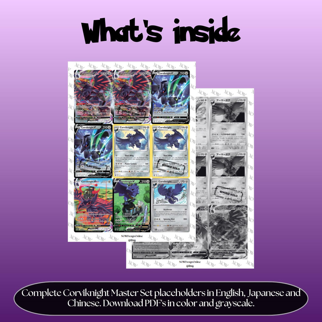 Corviknight binder pages set overview showing the included Pokémon cards to print and cut for your binder sleeves.