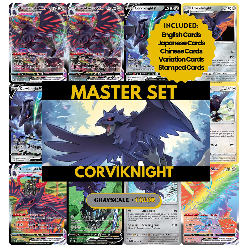Corviknight binder pages set showing grayscale and color Pokémon cards, designed as a digital download to complete a collector’s binder.