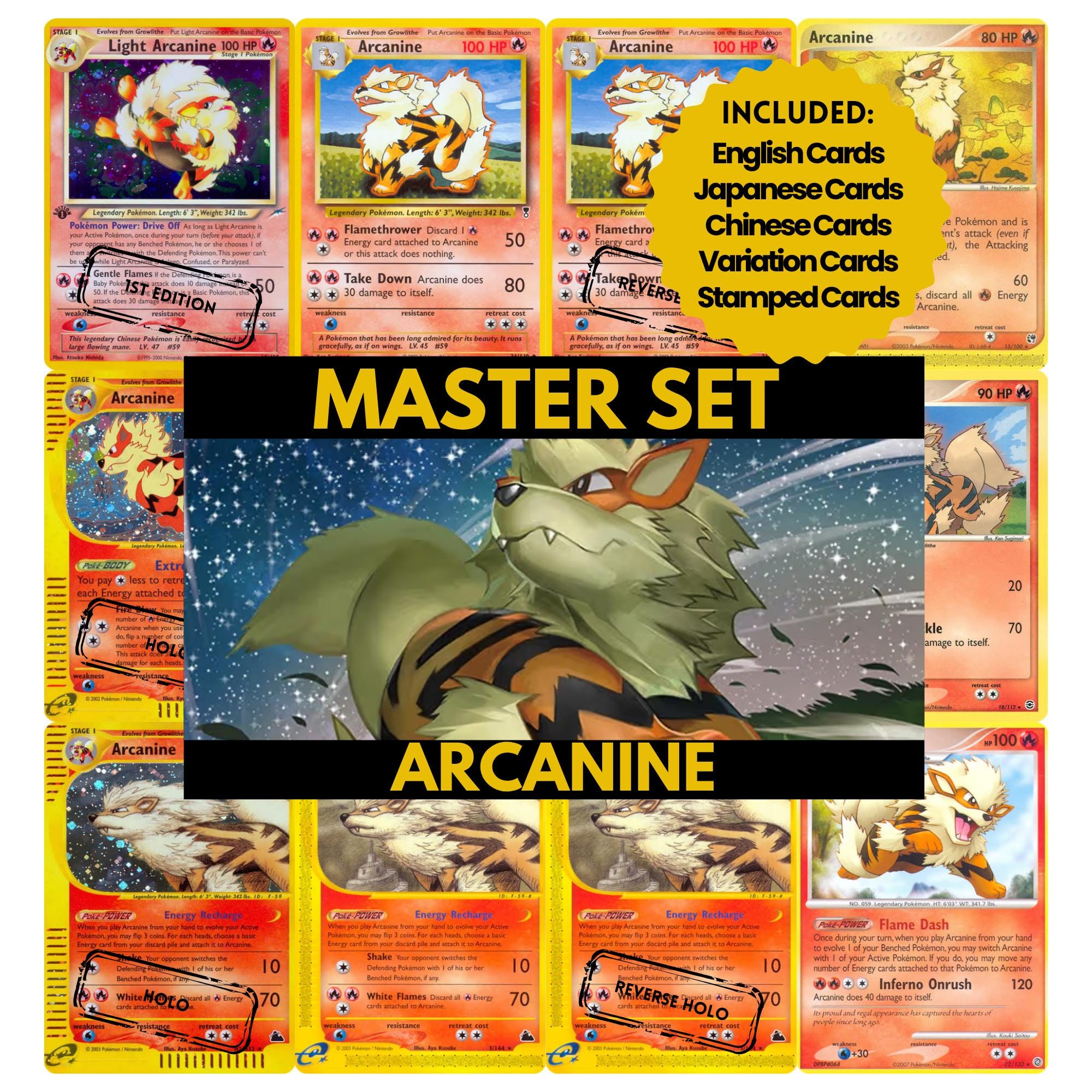 Arcanine binder pages set showing grayscale and color Pokémon cards, designed as a digital download to complete a collector’s binder.