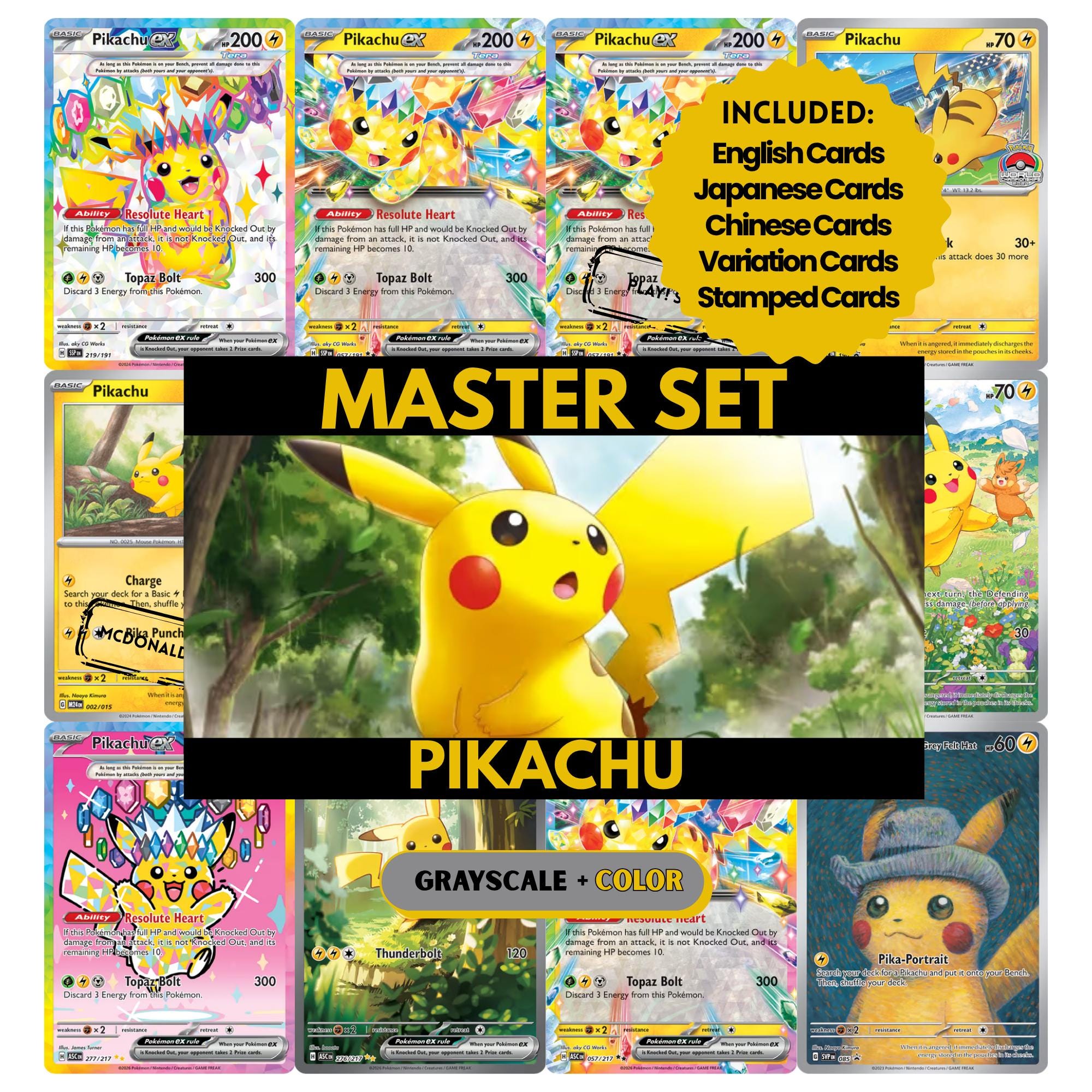 Pikachu binder pages set showing grayscale and color Pokémon cards, designed as a digital download to complete a collector’s binder.