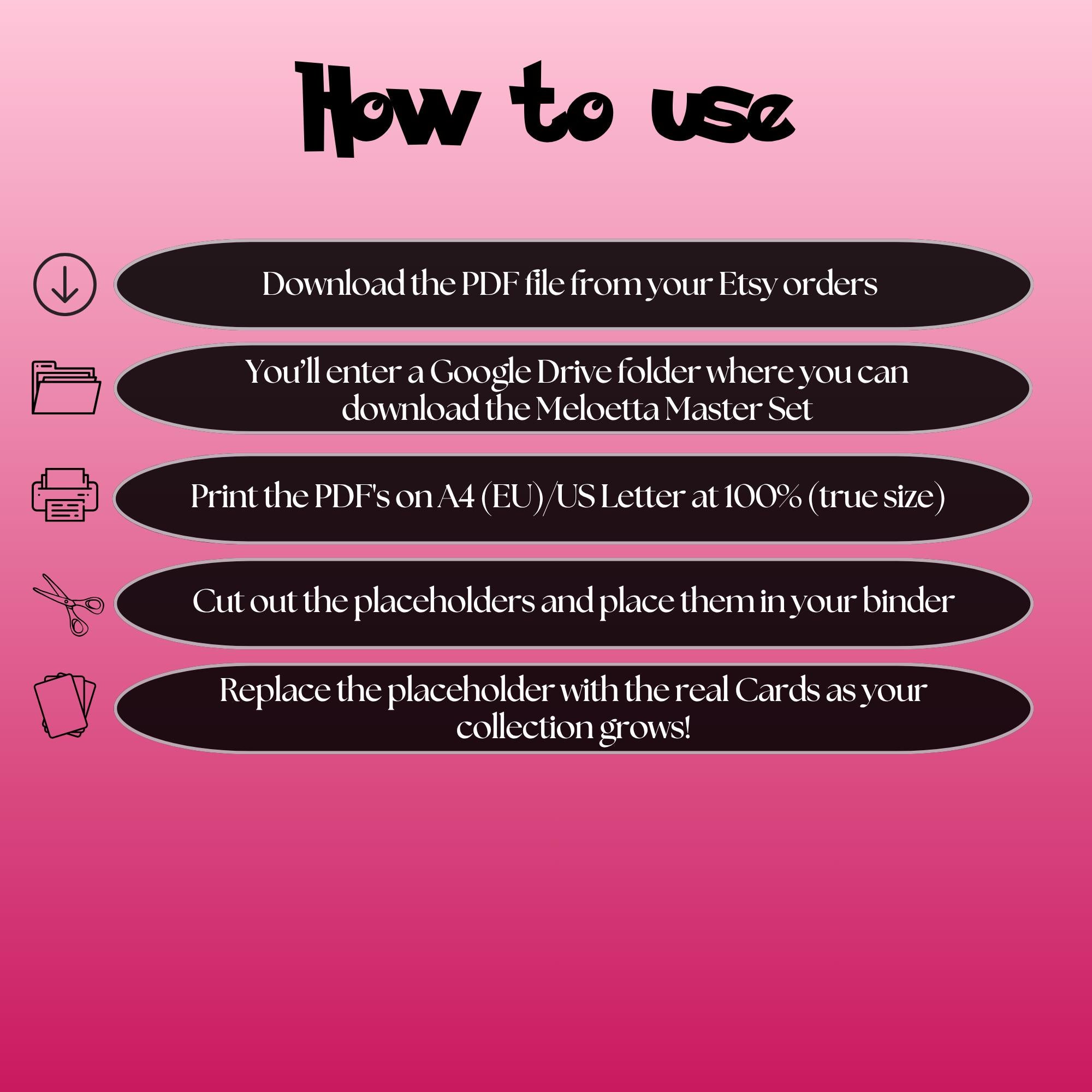 Meloetta cards digital download instructions explaining how to print, cut, and place placeholders in a Pokémon binder.