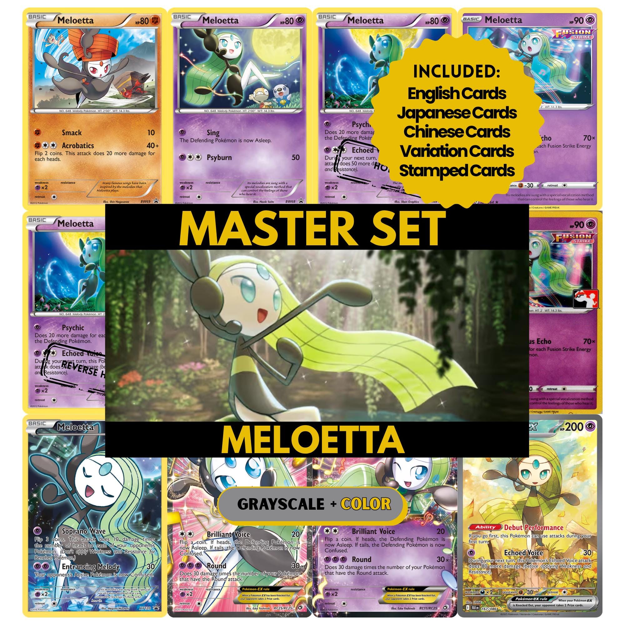 Meloetta binder pages set showing grayscale and color Pokémon cards, designed as a digital download to complete a collector’s binder.