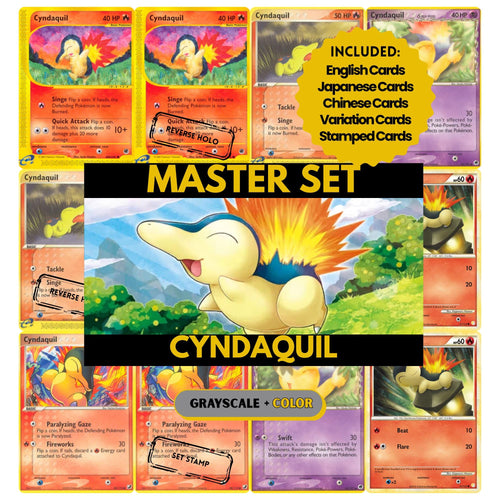 Cyndaquil binder pages set showing grayscale and color Pokémon cards, designed as a digital download to complete a collector’s binder.