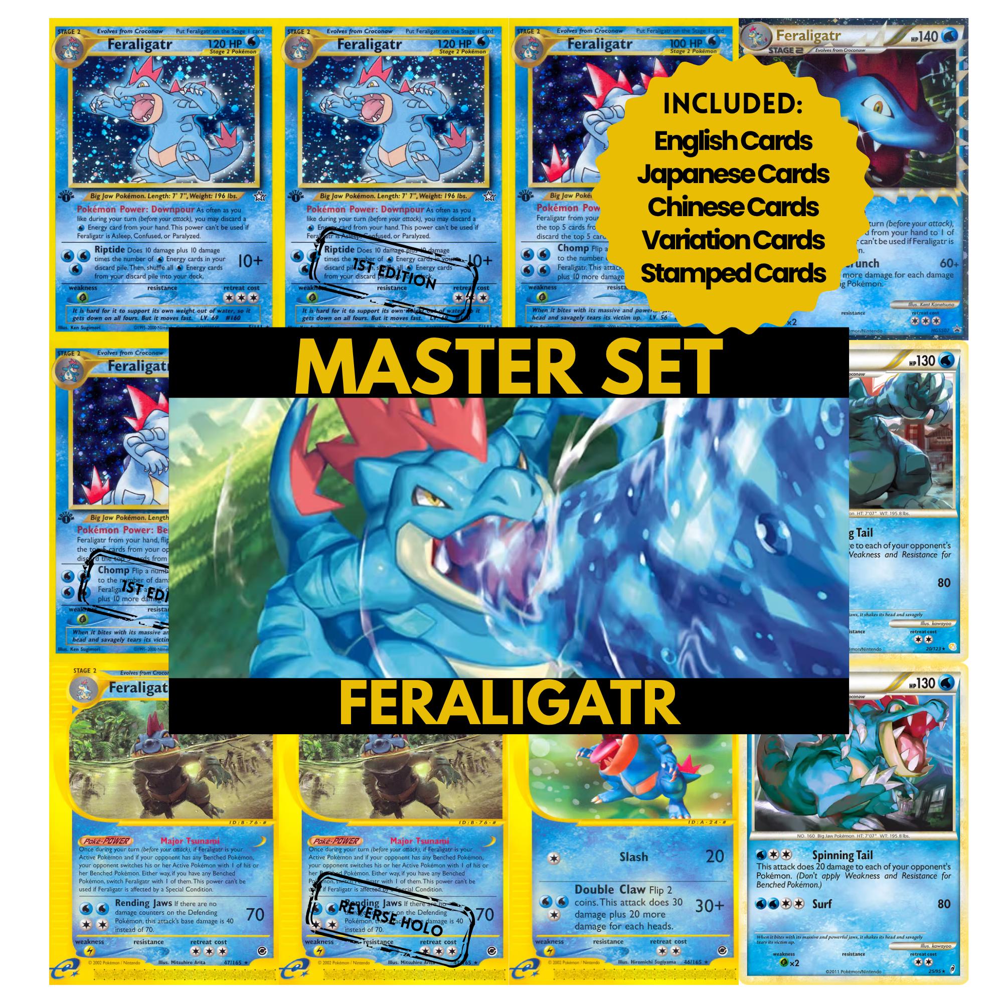 Feraligatr binder pages set showing grayscale and color Pokémon cards, designed as a digital download to complete a collector’s binder.