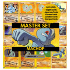 Machop binder pages set showing grayscale and color Pokémon cards, designed as a digital download to complete a collector’s binder.