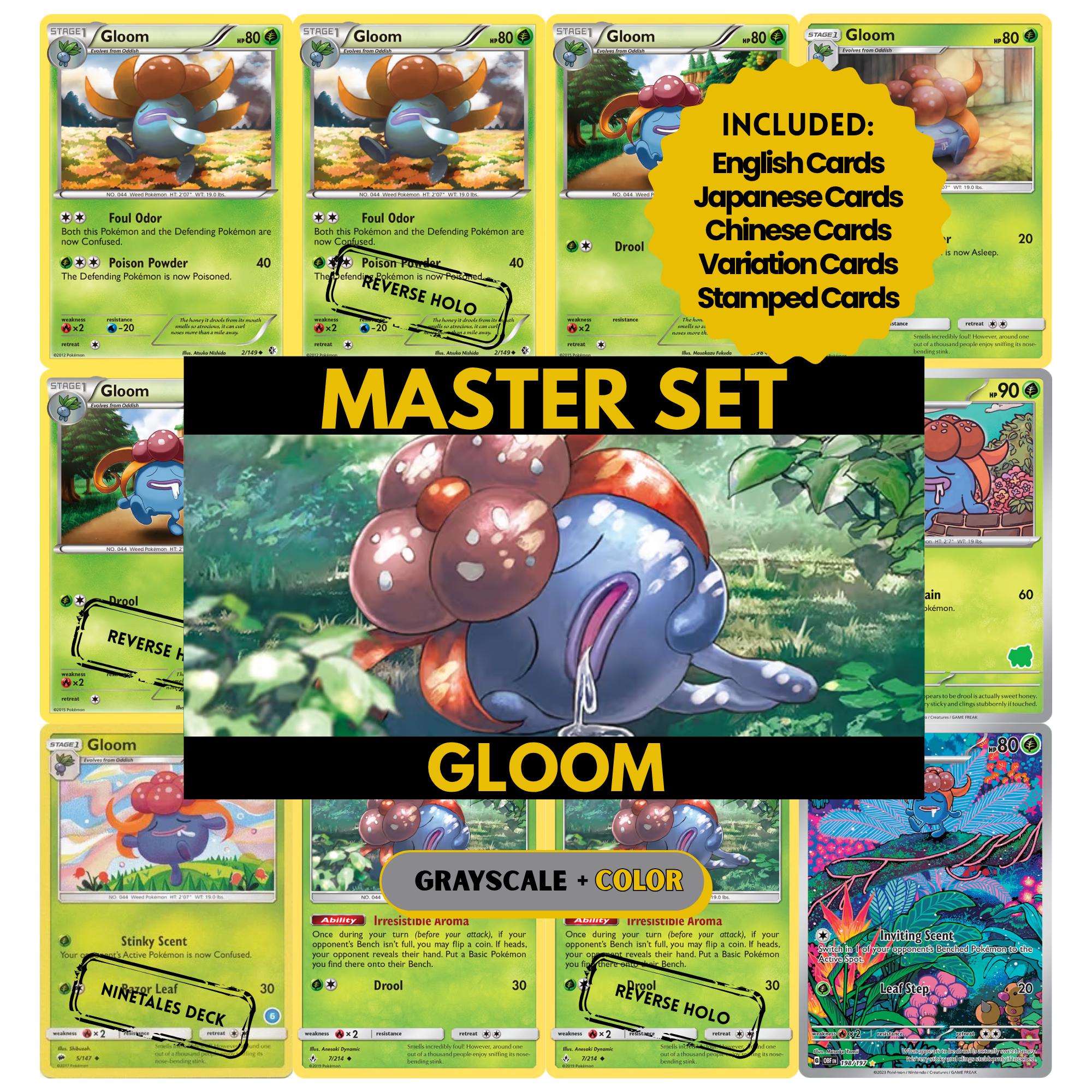 Gloom binder pages set showing grayscale and color Pokémon cards, designed as a digital download to complete a collector’s binder.