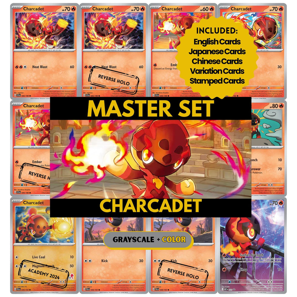 Charcadet binder pages set showing grayscale and color Pokémon cards, designed as a digital download to complete a collector’s binder.