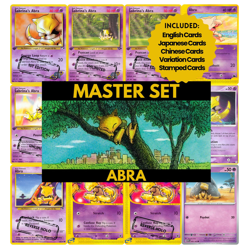 Abra binder pages set showing grayscale and color Pokémon cards, designed as a digital download to complete a collector’s binder.
