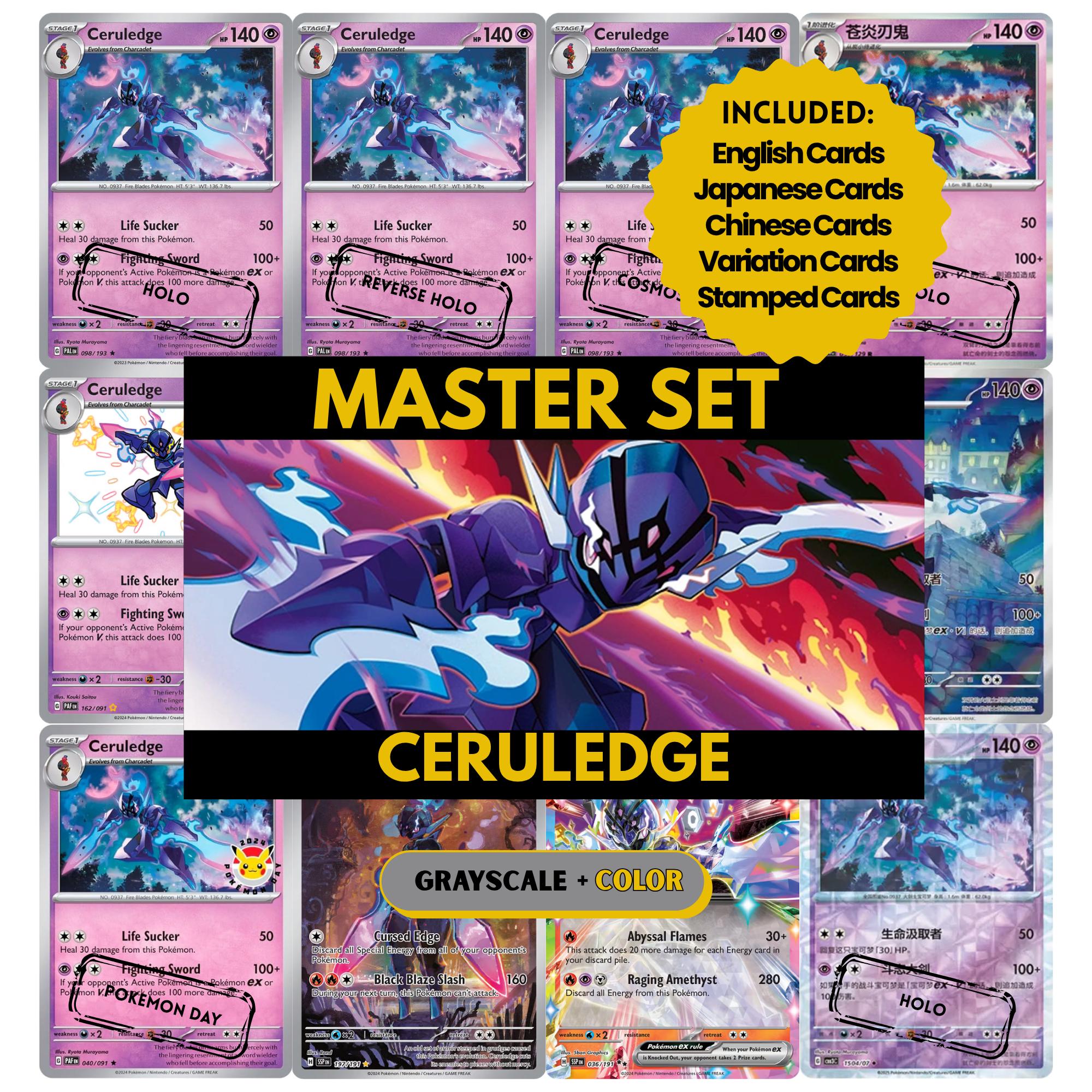Ceruledge binder pages set showing grayscale and color Pokémon cards, designed as a digital download to complete a collector’s binder.