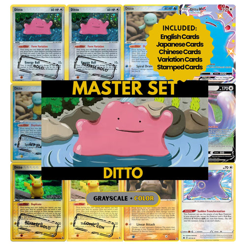 Ditto binder pages set showing grayscale and color Pokémon cards, designed as a digital download to complete a collector’s binder.
