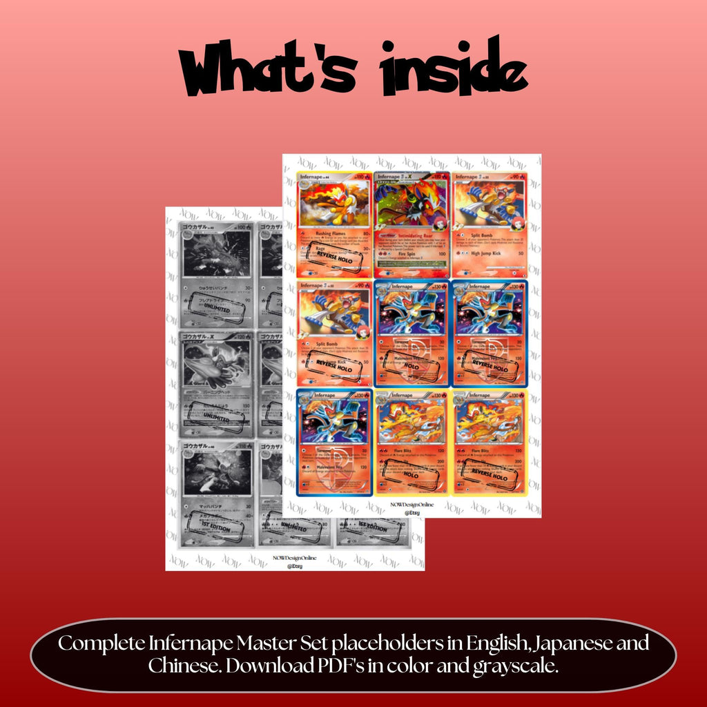 Infernape binder pages set overview showing the included Pokémon cards to print and cut for your binder sleeves.