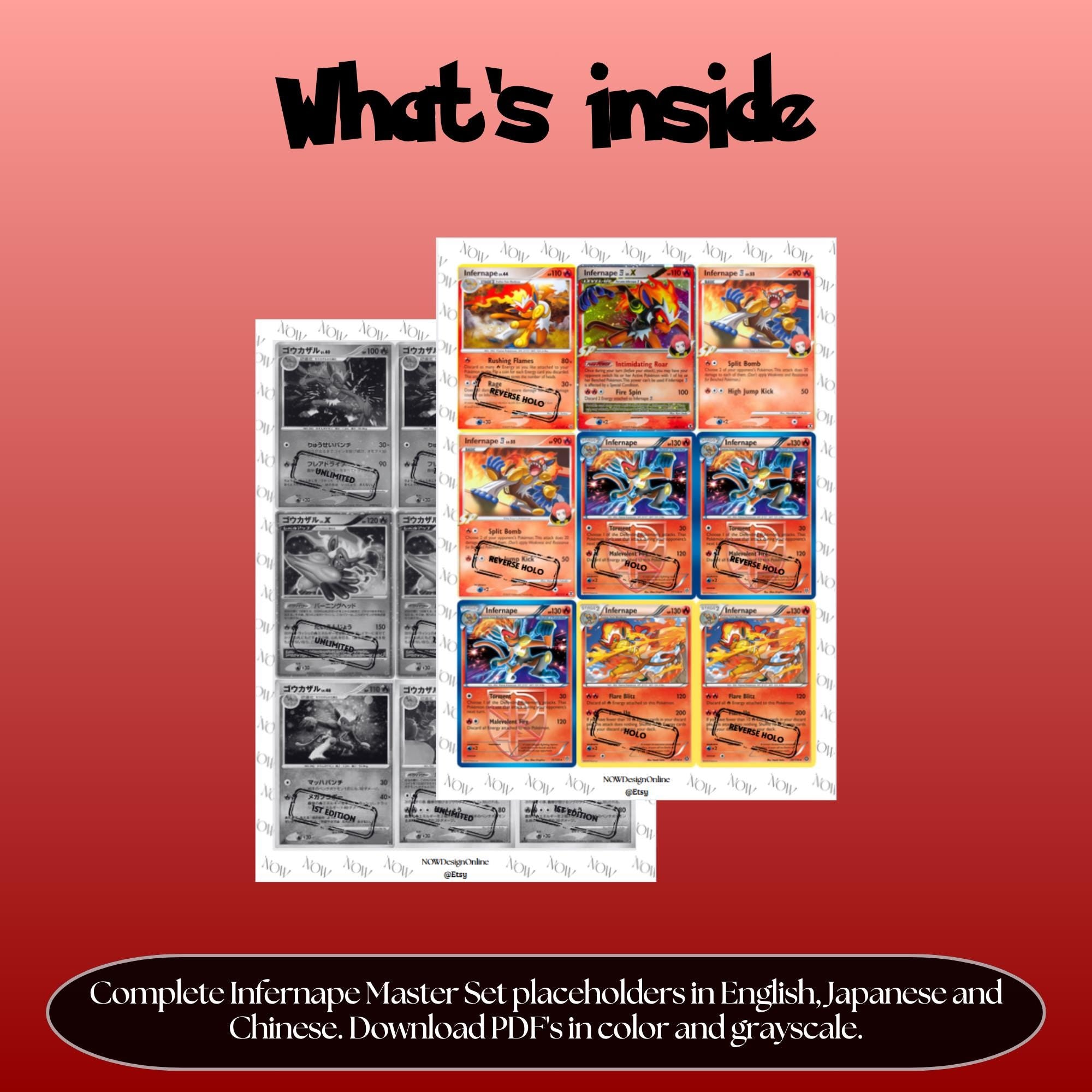 Infernape binder pages set overview showing the included Pokémon cards to print and cut for your binder sleeves.