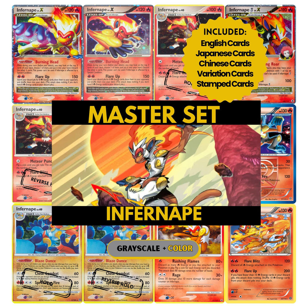Infernape binder pages set showing grayscale and color Pokémon cards, designed as a digital download to complete a collector’s binder.