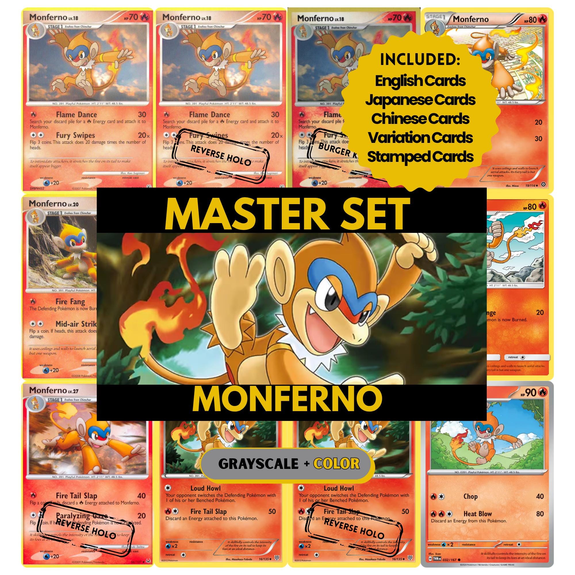 Monferno binder pages set showing grayscale and color Pokémon cards, designed as a digital download to complete a collector’s binder.