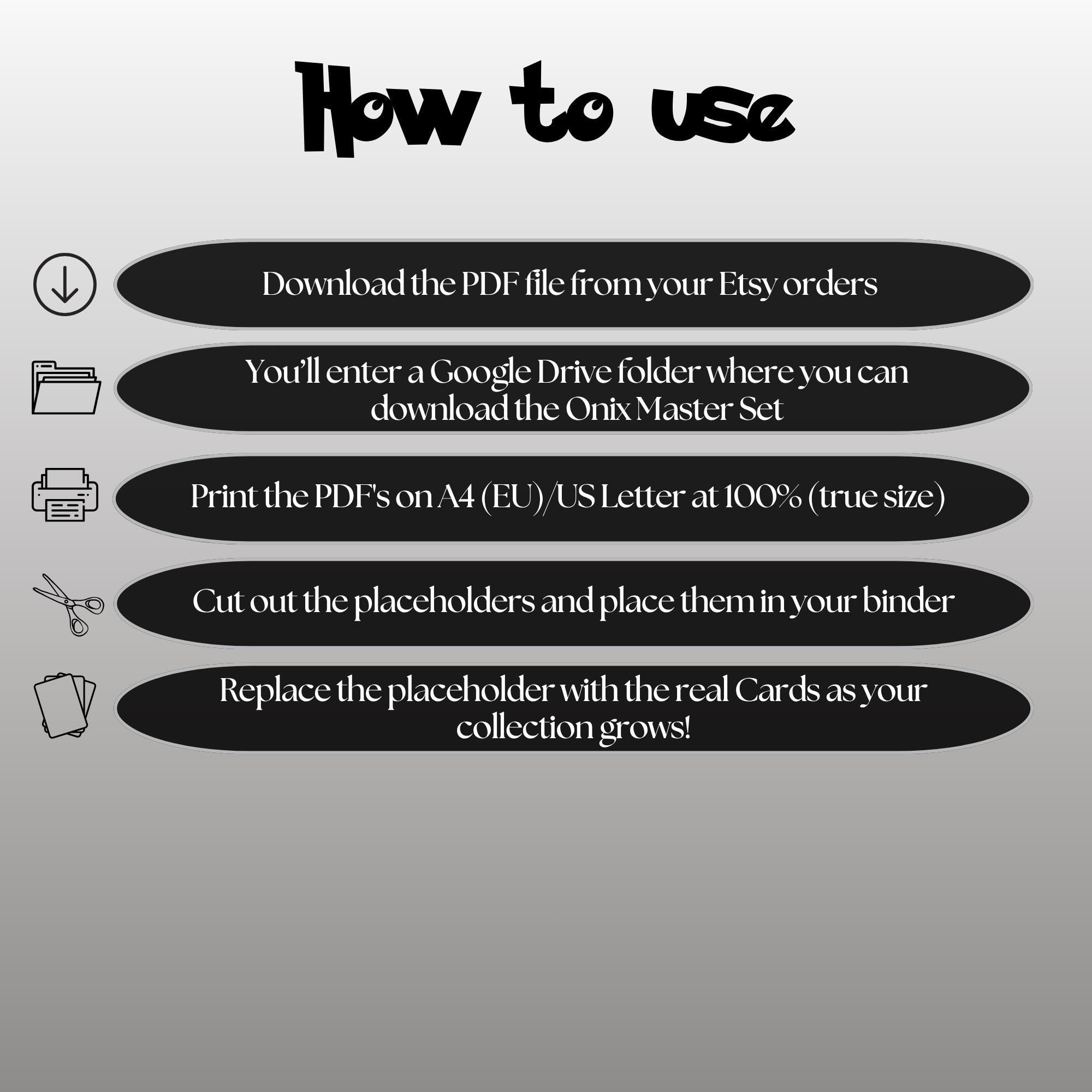 Onix cards digital download instructions explaining how to print, cut, and place placeholders in a Pokémon binder.
