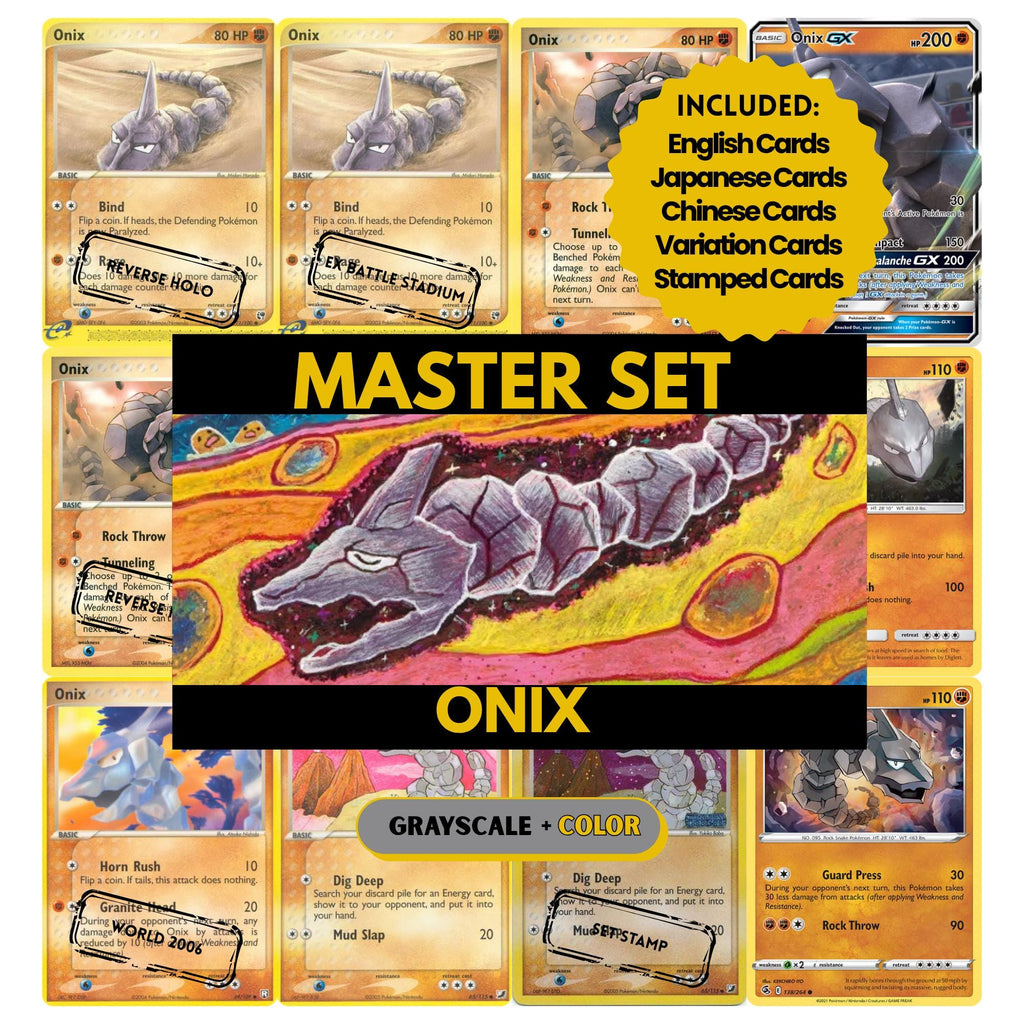 Onix binder pages set showing grayscale and color Pokémon cards, designed as a digital download to complete a collector’s binder.