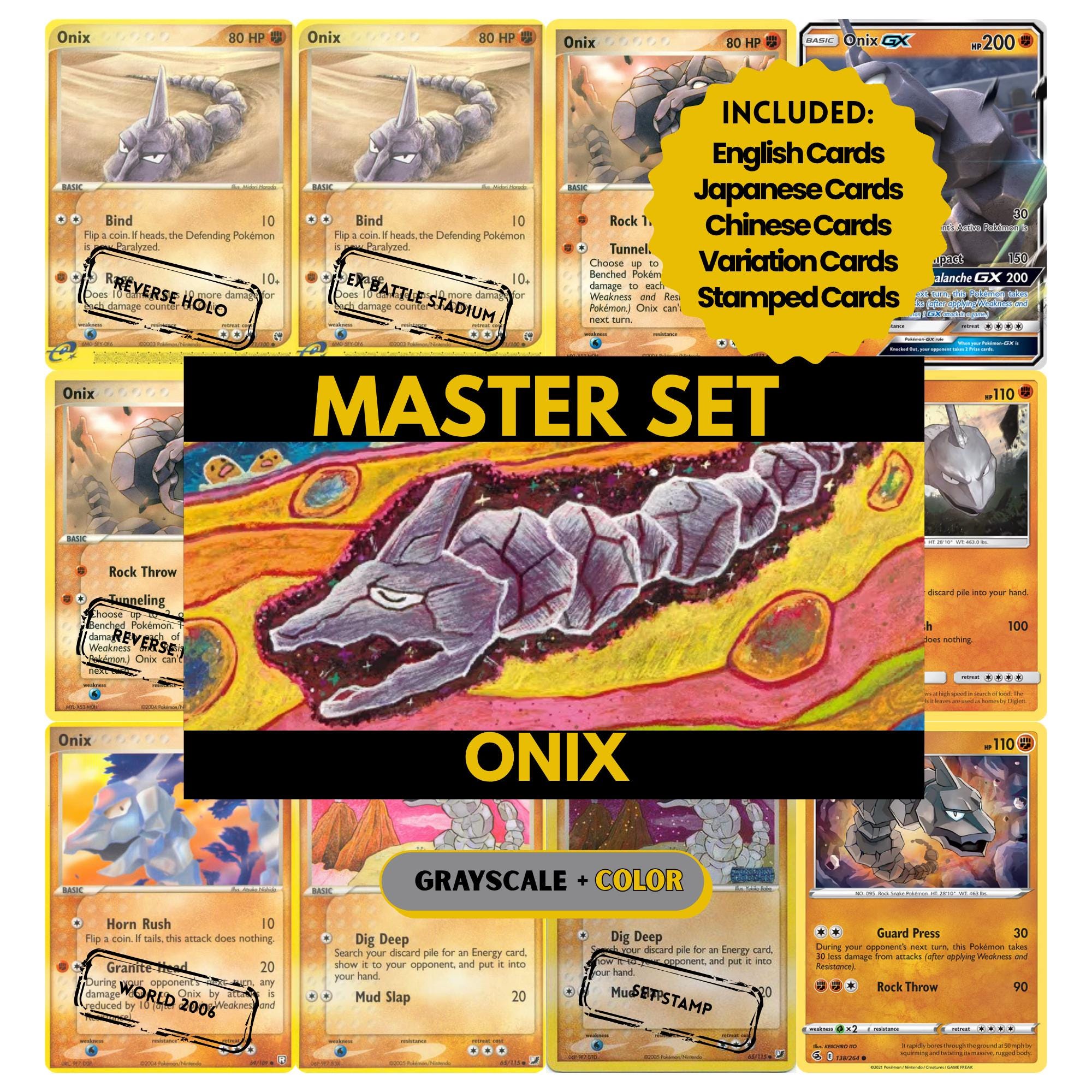 Onix binder pages set showing grayscale and color Pokémon cards, designed as a digital download to complete a collector’s binder.