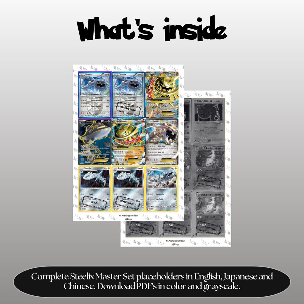 Steelix binder pages set overview showing the included Pokémon cards to print and cut for your binder sleeves.