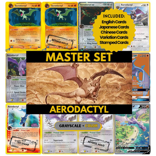 Aerodactyl binder pages set showing grayscale and color Pokémon cards, designed as a digital download to complete a collector’s binder.