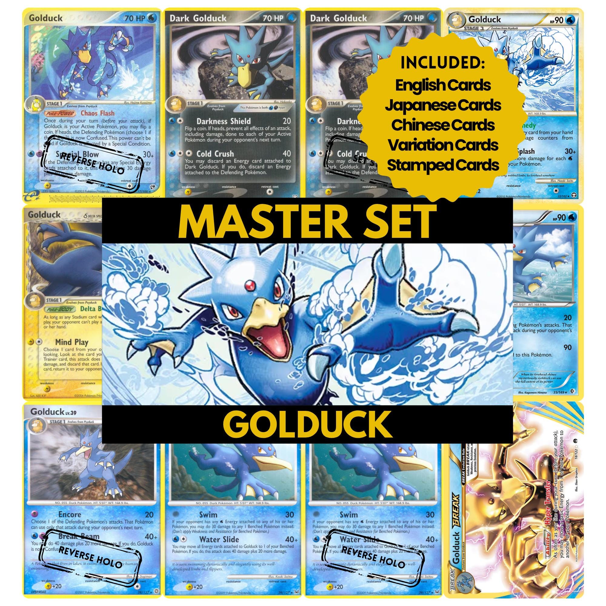 Golduck binder pages set showing Pokémon cards, designed as a digital download to complete a collector’s binder.