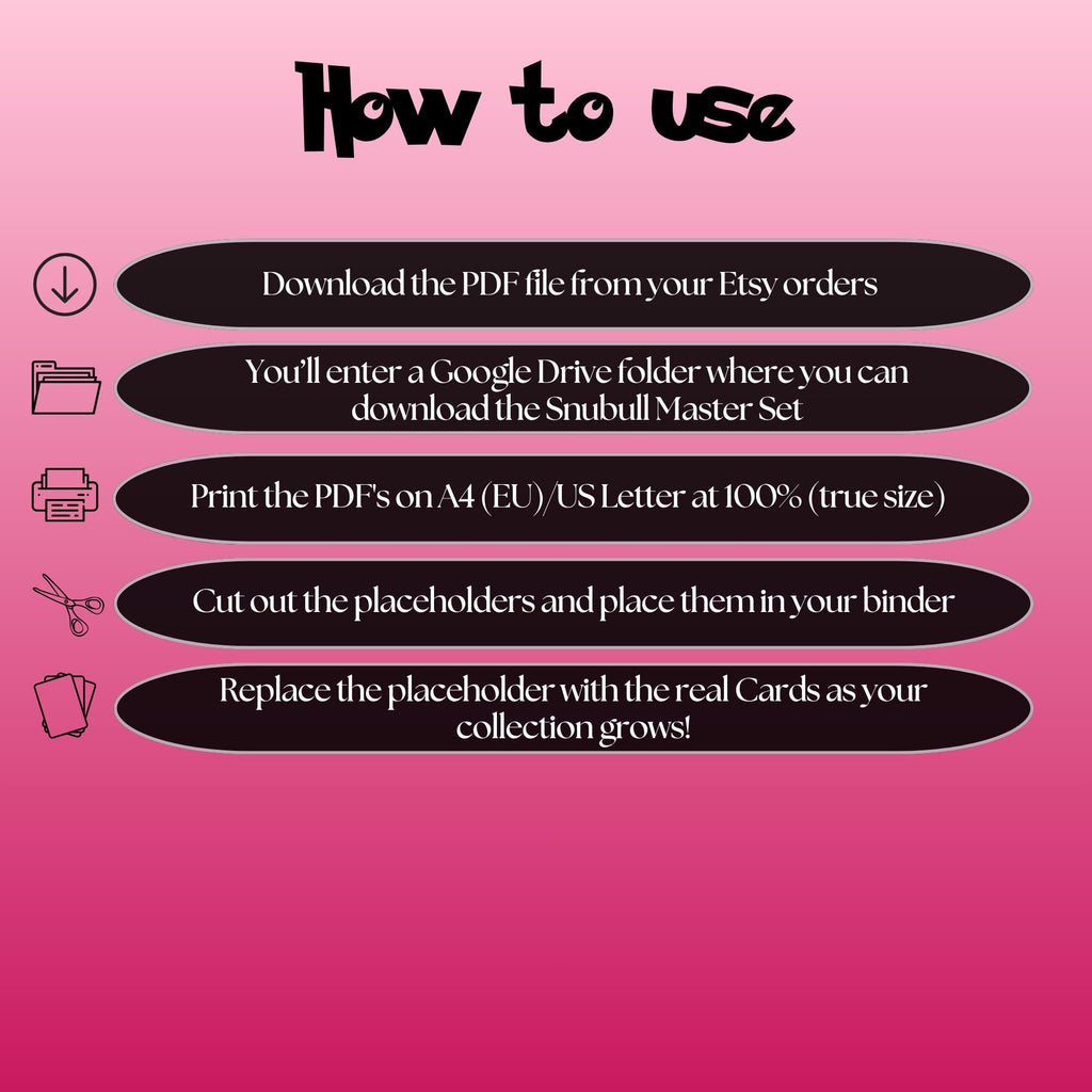 Snubbull cards digital download instructions explaining how to print, cut, and place placeholders in a Pokémon binder.