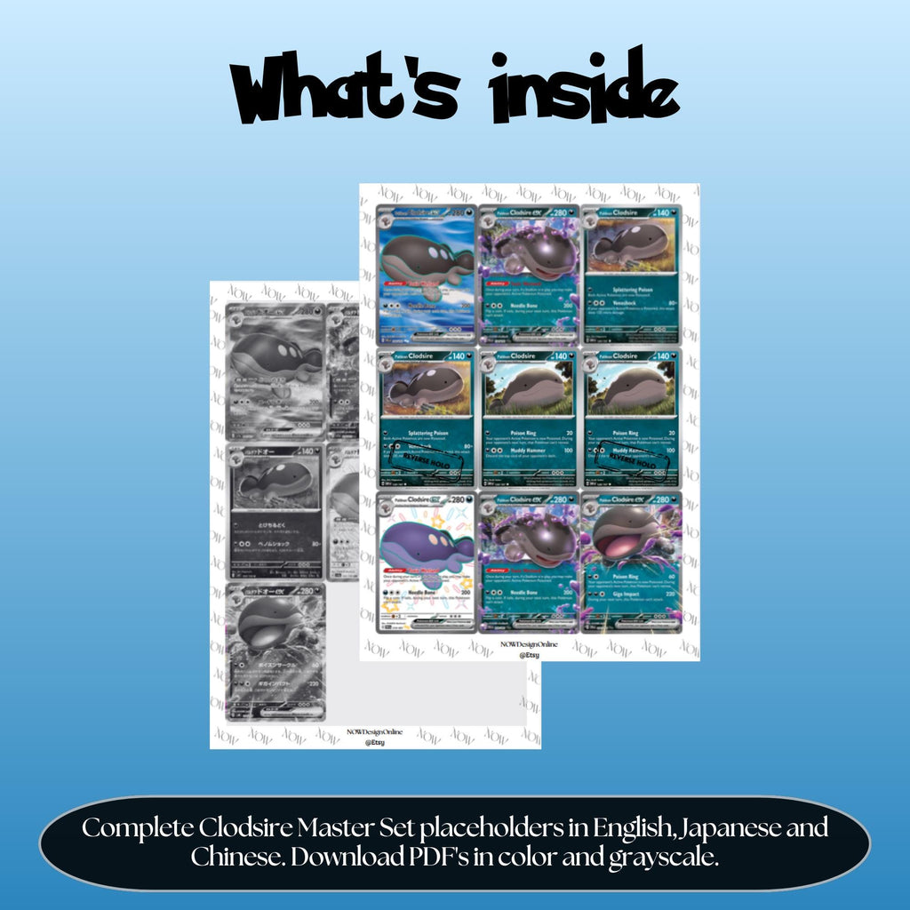 Clodsire binder pages set overview showing the included Pokémon cards to print and cut for your binder sleeves.