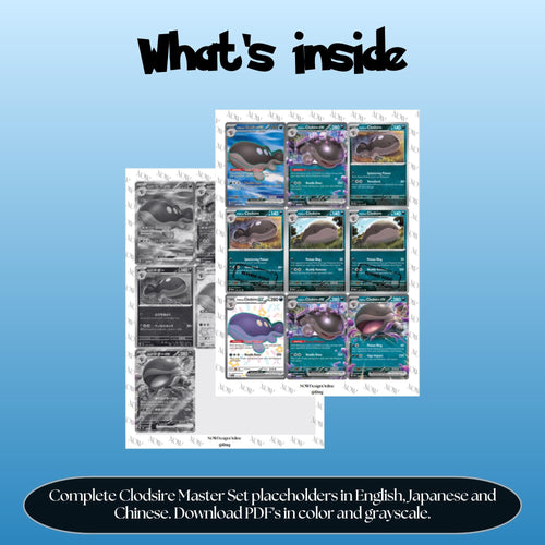 Clodsire binder pages set overview showing the included Pokémon cards to print and cut for your binder sleeves.